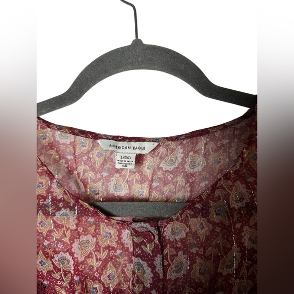 American Eagle Sheer Floral Blouse Large Burgundy Long Sleeve Boho Peasant Top - Picture 4 of 9